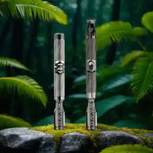 two metal objects on a rock in front of plants